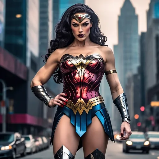 Prompt: Gorgeous muscular cyberpunk drag queen Wonder Woman, great legs, crystal high heels,  dark lipstick.