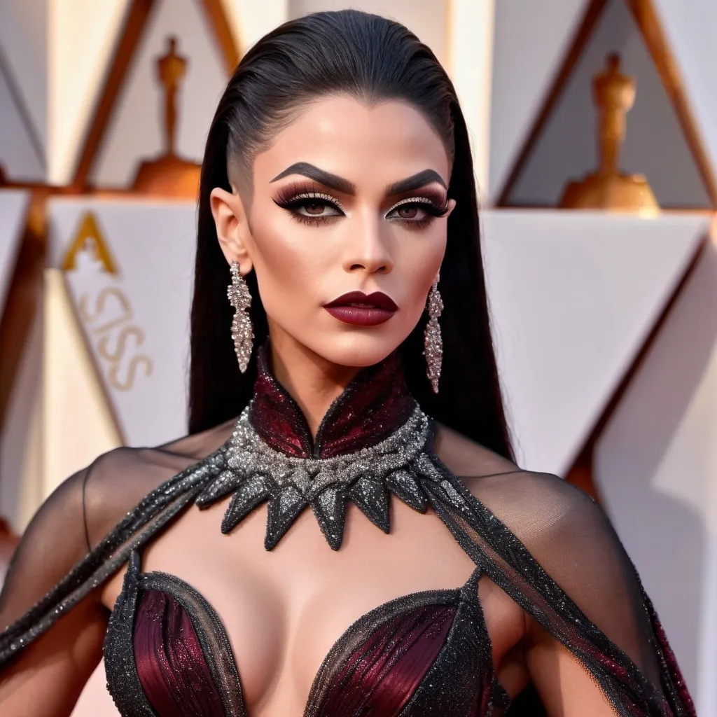 Prompt: Gorgeous thicc muscular 25-year-old Slovenian drag queen (very strong masculine jawline and brow features) with large busom wearing a beautiful stylish multi-fabric gown with long train, 8 inch stiletto high heel shoes.  Dark eyeshadow and dark lipstick. Walking the red carpet at the Oscars.