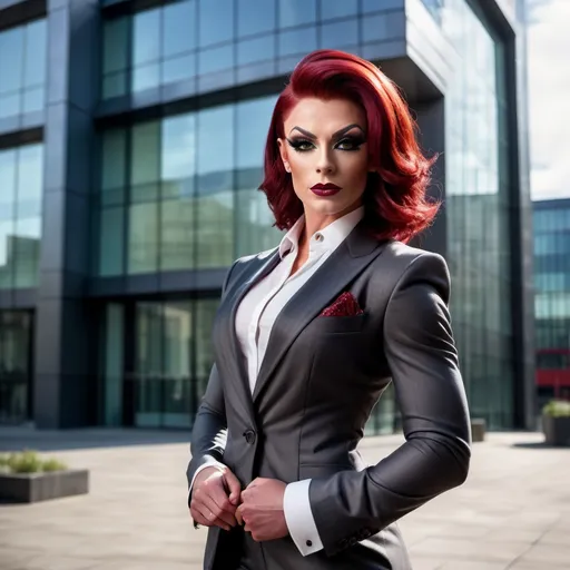 Prompt: Gorgeous, sophisticated, muscular, 25-year-old British drag queen bodybuilder with short sassy stylish dark red hair dressed in a (tailored suit), standing confidently in front of a modern building, (urban environment), visionary atmosphere, (photorealistic), sharp focus, bright daylight illuminating the scene, emphasizing the structure and sign, inviting ambiance, high quality image, (4K), capturing a dynamic blend of professionalism and ambition.