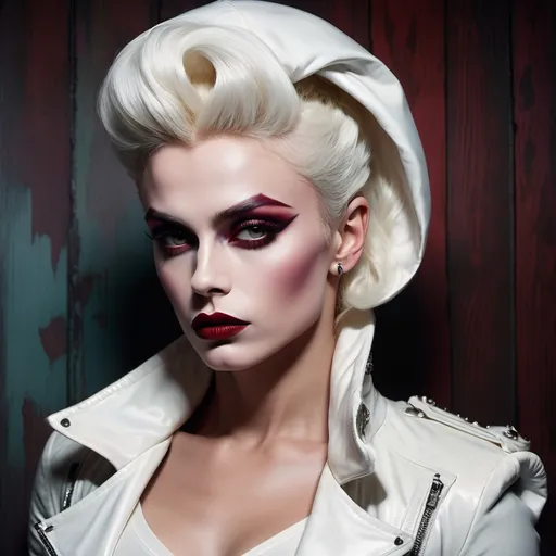 Prompt: (gothic art), imagine James Dean dressed as a gorgeous ultra-muscular 25-year-old Swedish drag queen bodybuilder with (striking dark red makeup and lipstick), wearing a (white jacket) draped over her head, (mysterious gaze) directed at the camera, (dramatic pastel colors), (moody ambiance), rich textures, (ultra-detailed wooden floor) in the background, evoking an eerie yet captivating vibe, (high quality) image, beautifully composed and expressive.