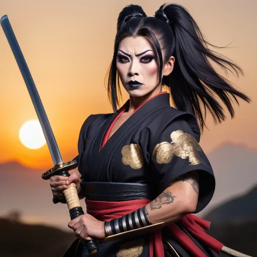 Prompt: A gorgeous muscular 35-year-old Japanese drag queen Samurai (dark eye makeup, dark lipstick, big busom, and dark black hair) wearing a traditional ancient Samurai Yorkie and holding a katana in each hand in a battle stance. 13th century Japan at sunset.