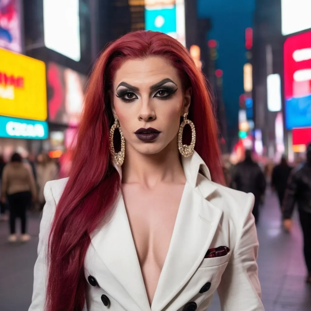 Prompt: Gorgeous muscular 25-year-old Czechian drag queen (masculine jawline and brow features) with long dark red hair wearing a mix of men's and women's clothes. 8 inch stiletto high heel shoes.  Dark eye makeup and dark lipstick.  Location: Time Square.