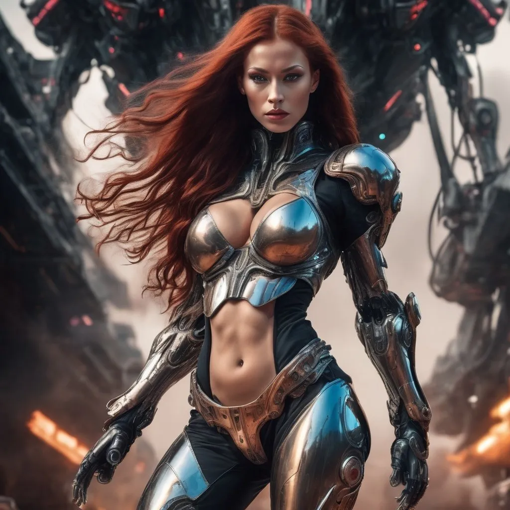 Prompt: Gorgeous ultra-muscular 25-year-old Norwegian goddess cyborg with huge busom and ridiculously long wavy dark red hair, in battle against aliens. Bronze armor and cybernetics. 8 inch stiletto high heel boots. Science fiction futuristic background. 