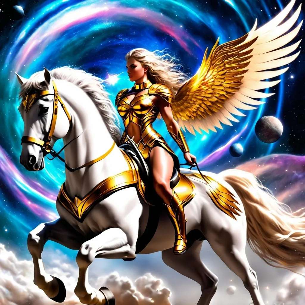Prompt: Gorgeous ultra-muscular 25-year-old Valkyrie riding a horse that has wings through space and time