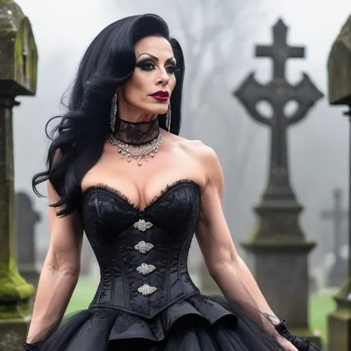 Prompt: A gorgeous muscular 35-year-old British drag queen bodybuilder with jet-black hair and crimson lips, dressed in a corset-style black gown, walking through a misty, moonlit graveyard.