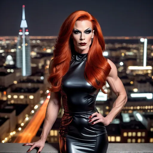 Prompt: Gorgeous muscular 35-year-old Swedish drag queen (strong masculine jawline and brow) with long luscious dark orange hair, dark eyeshadow, and dark red lipstick, wearing a beautifully designed sophisticated Tom Ford dress and 8 inch stiletto high heel shoes.  Futuristic and sterile cityscape in the background. 