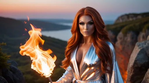 Prompt: Gorgeous ultra-muscular 25-year-old Czechian drag queen bodybuilder with very long dark orange wavy hair wearing a shimmering silver robe wrapped around her body and waving a glowing wand tipped with fire which glows brightly. Standing at the top of a cliff at dawn.