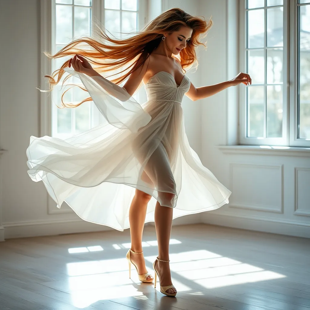 Prompt: A gorgeous ultra-muscular 25-year-old Polish drag queen in a flowing sheer white dress and 8 inch stiletto high heel shoes is dancing gracefully in the middle of a sunlit room. Her long hair moves with every twirl and leap, creating a beautiful cascade of motion. The sunlight streaming through the windows highlights her movements, casting soft shadows on the floor. Her expression is one of pure joy and freedom as she loses herself in the rhythm of the music, spinning and leaping with effortless grace.