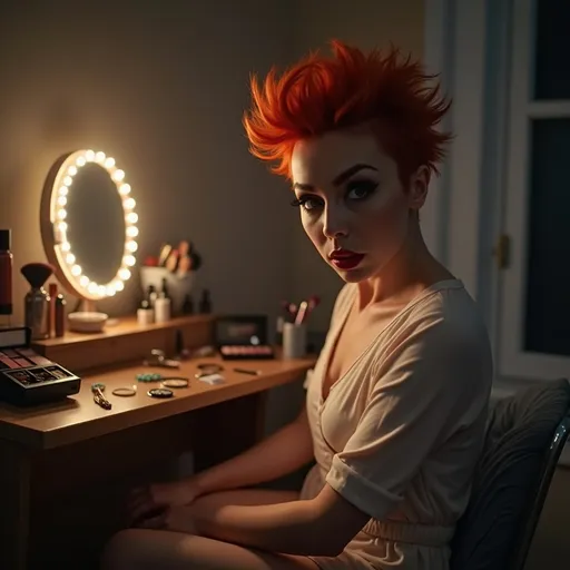 Prompt: Hyper detailed Photorealistic Upper body focus, Nighttime bedroom scene, A makeup desk (scattered with makeup and accessories), seated a (gorgeous ultra-muscular 25-year-old Czechian drag queen) glances at viewer sidelong, Embarrassed and shy slight smiling gaze and short spiky dark orange hair, highly detailed face, dark eyeshadow,  heavy mascara,  dark red lipstick, gazing with sidelong glance toward the viewer, Dynamic pose. wearing soft cotton pajamas.  Expression of shy interest and innocent allure.  Realistic high detail skin and hair