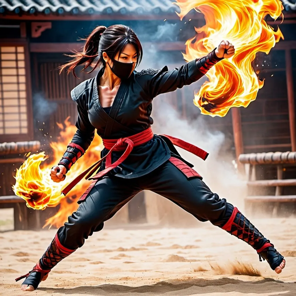 Prompt: Gorgeous muscular female ninja doing a flying back-kick in the heat of battle. Fists of fire.