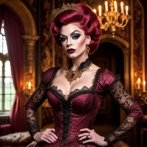 Prompt: Gorgeous muscular 25-year-old British drag queen, dark lipstick, heavymascara, vibrant Tudor-era attire, intricate lace details, embroidered patterns, serene expression, elegant pose, rich background of a historic castle, warm gold and deep crimson tones, soft diffused lighting, classical artwork style, ultra-detailed, regal atmosphere, capturing the essence of 16th-century nobility, majestic ambiance.