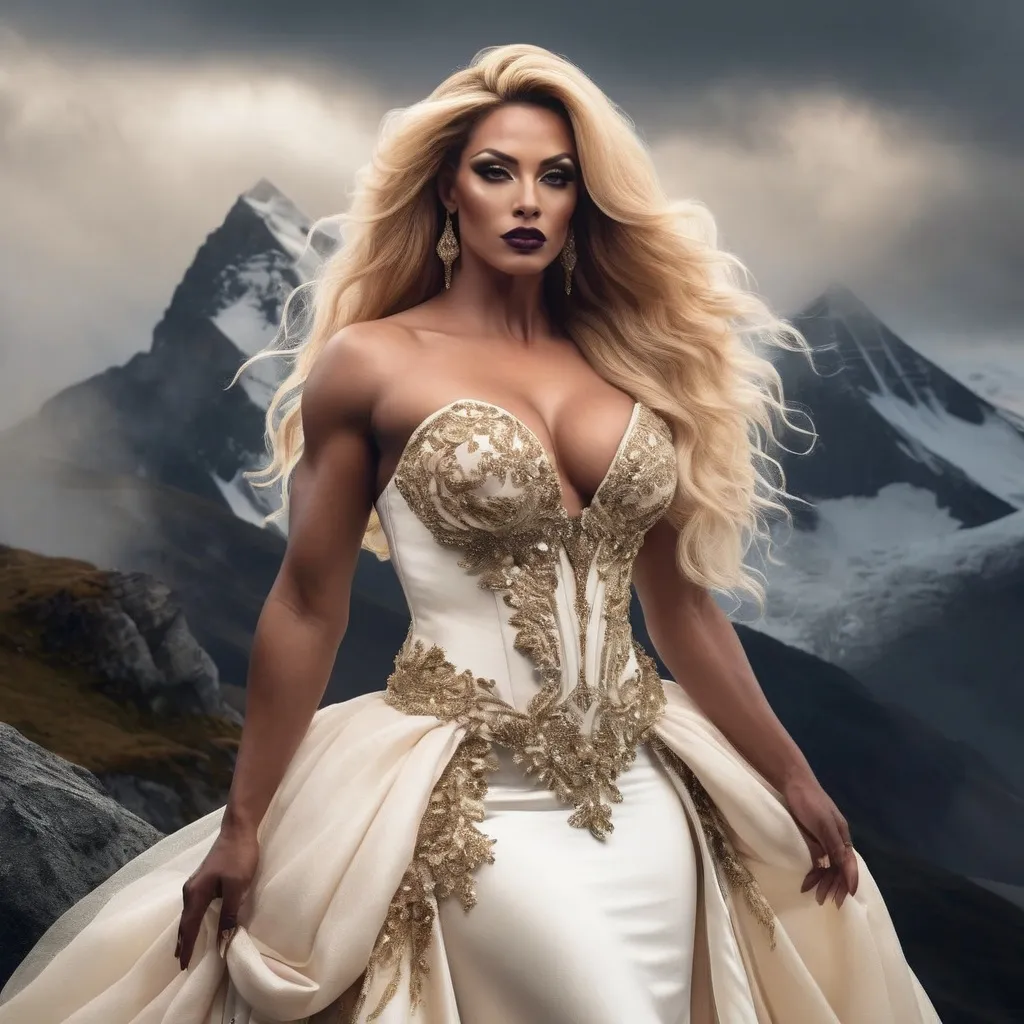 Prompt: (A thre quarter body image)A gorgeous muscular 35-year-old French drag queen bodybuilder (big busom, dark eyeshadow, dark lipstick, long flowing golden blonde hair) wearing an ivory wedding gown on the top of an high mountain. surreal  with mist
Dreamy, mythical, fairyland-like, soft and romantic
Splash art, hyper detailed, ultra realistic, highly detailed. Perfect studio lighting, perfect shading, impeccable contrast, HDR, UHD, high res, 64k