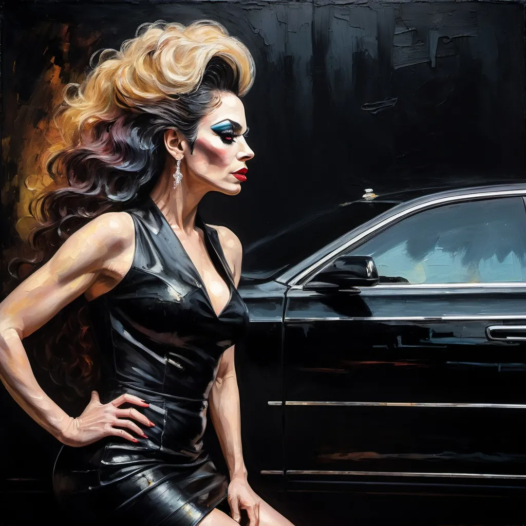 Prompt: (thick impasto oil painting), gorgeous yet sad 35-year-old French drag queen (in tight black skirt), leaning against a long black limousine car, profile view, looking to one side, rich texture of thick bumpy paint strokes, dramatic lighting, moody ambiance, emotional depth, high detail and color contrast, evocative scene, sophisticated background.