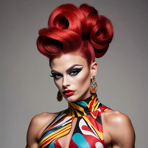 Prompt: Gorgeous ultra-muscular 25-year-old Czechian drag queen bodybuilder with long dark red stylish updo wearing a (Moschino dress), high fashion design, colorful patterns, playful and vibrant, couture elegance, luxurious texture, striking silhouette, artistic flair, runway-inspired style, intricate details, eye-catching embellishments, bold color palette, fashionable ambiance, (ultra-detailed), high-quality craftsmanship, fashion illustration vibes, stylish ensemble, (vivid colors), aesthetically stunning.