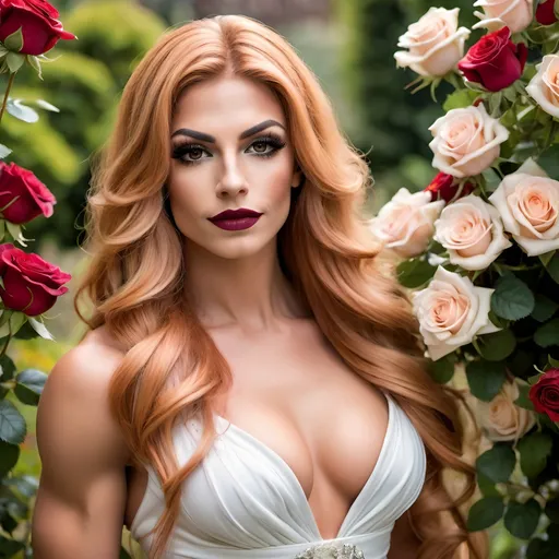 Prompt: Create a portrait of a gorgeous muscular 25-year-old Italian crossdresser bodybuilder with long, flowing strawberry-blonde hair, dark eyeshadow,  and dark red lipstick, wearing a white dress and holding a bouquet of roses. The background should be a beautiful garden scene with lush greenery and vibrant flowers.