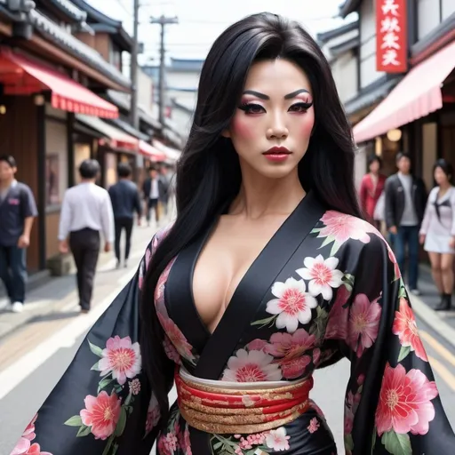 Prompt: Gorgeous ultra-muscular 25-year-old Japanese drag queen bodybuilder with huge busom walking down the high street, detailed clothing, realistic, natural lighting, photorealistic, Japanese flower design on her kimono. Black hair in traditional Japanese style. 