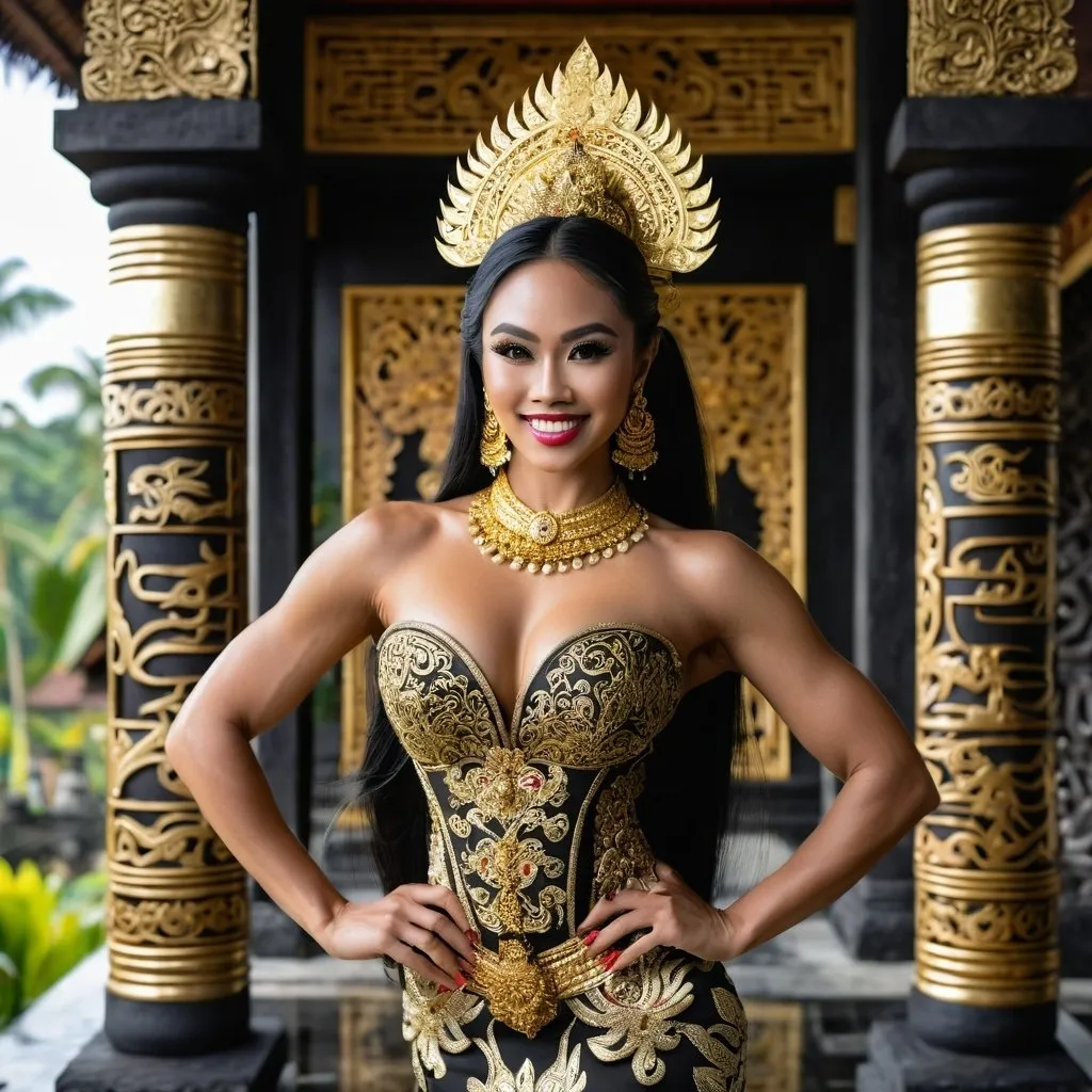 Prompt: Gorgeous ultra-muscular 25-year-old Balinese princess bodybuilder fashion shot in regal avant-garde Kebaya Bali, regal smile, flirtatious, huge busom and ridiculously long shiny black hair, wearing Balinese traditional gold accessories and dress, 8 inch stiletto high heel shoes, lush Balinese landscape and Balinese palace background, intricate Balinese scripture on the walls, backed by traditional Balinese dancers, extra high details, superb unreal rendering, panoramic, atmospheric, ultra HDR, vivid, depth of field, bokeh, ultra realistic appearance, life like appearance, 64 megapixels, moody, romantic