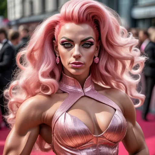 Prompt: Very detailed and hyper realistic full-length photo of a gorgeous  muscular 25-year-old French drag queen bodybuilder with 1950s style pink hair wearing a hyper realistic and very detailed Paco Rabanne dress 64k, ultra hd, 3d quality  500mpx reflex red carpet awards