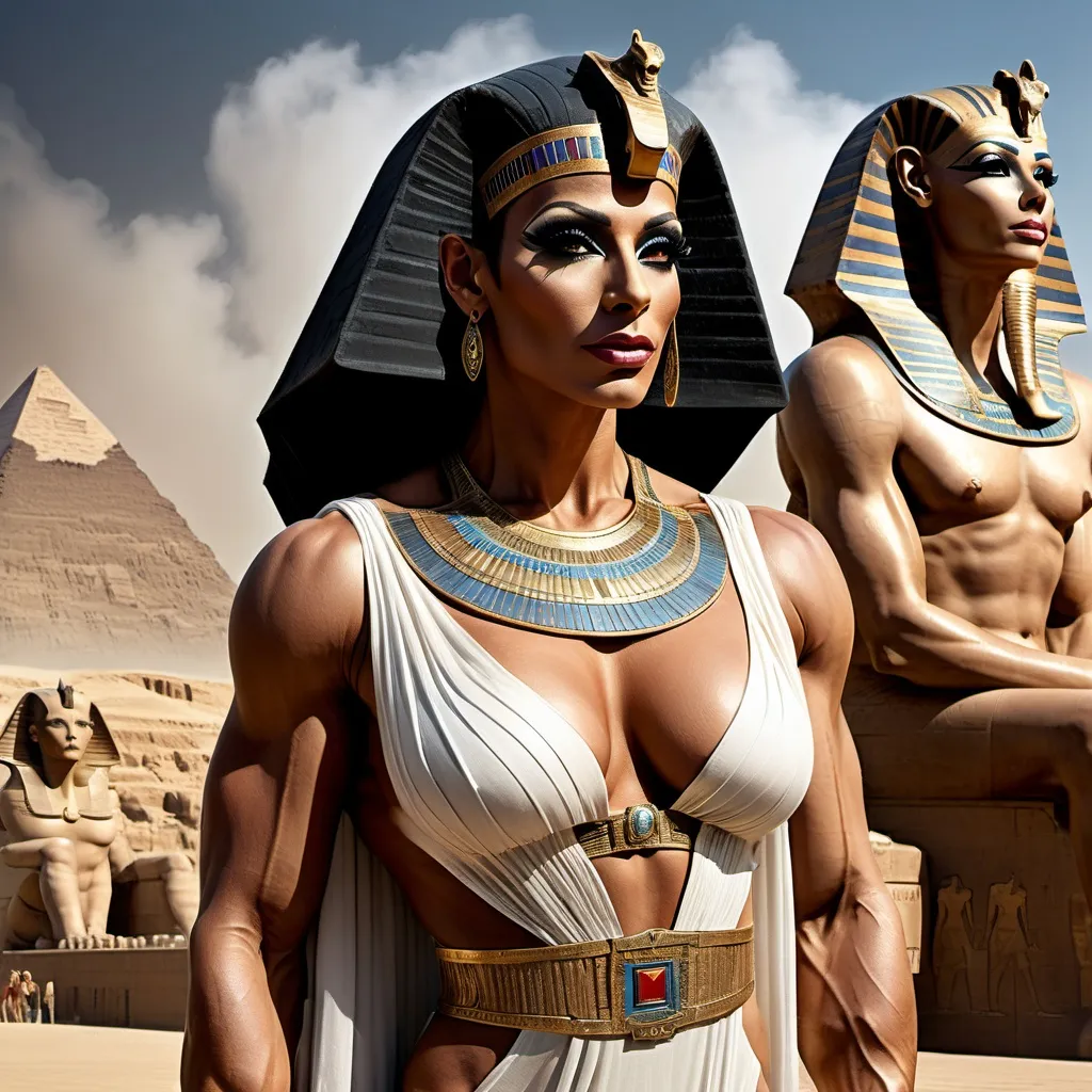 Prompt: （Full body image)In ancient Egypt, a gorgeous muscular 35-year-old Egyptian drag queen bodybuilder, dressed in flowing formal attire, standing with the majestic Great Sphinx in the background, receiving the admiration of the people. Digital art, hyper detailed, ultra realistic, highly detailed, surreal heavy mist,

Perfect studio lighting, perfect shading, impeccable contrast, HDR, UHD, high res, 64k
