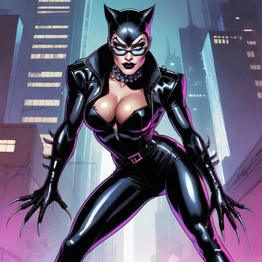 Prompt: Gorgeous muscular cyberpunk drag queen (DC Comics') Catwoman, great legs, crystal high heels,  dark lipstick.