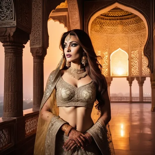 Prompt: A breathtakingly beautiful, muscular 35-year-old Pakistani drag queen bodybuilder princess from ancient times, standing gracefully in the majestic palace of the Taj Mahal. She wears an opulent, traditional Mughal-era royal outfit, intricately embroidered with gold and encrusted with precious gemstones. Her flowing silk dupatta shimmers under the soft moonlight, casting a mystical glow. Delicate henna patterns adorn her hands, and exquisite jewelry—bejewelled maang tikka, heavy gold necklaces, and shimmering bangles—enhance her regal elegance.

The palace is bathed in a dreamy, ethereal light, with the marble reflecting hues of silver, gold, and soft pastels. Floating flower petals drift through the air, carried by a gentle, unseen breeze. The atmosphere is infused with an enchanting, fairytale-like glow, as if the scene exists between dreams and reality. Wisps of golden mist swirl around her feet, and the sky above is illuminated by a crescent moon and twinkling stars. In the background, the silhouette of the Taj Mahal stands majestically, its domes glowing under the celestial light. The entire scene radiates an aura of romance, mystery, and divine elegance, as if touched by the gods themselves.