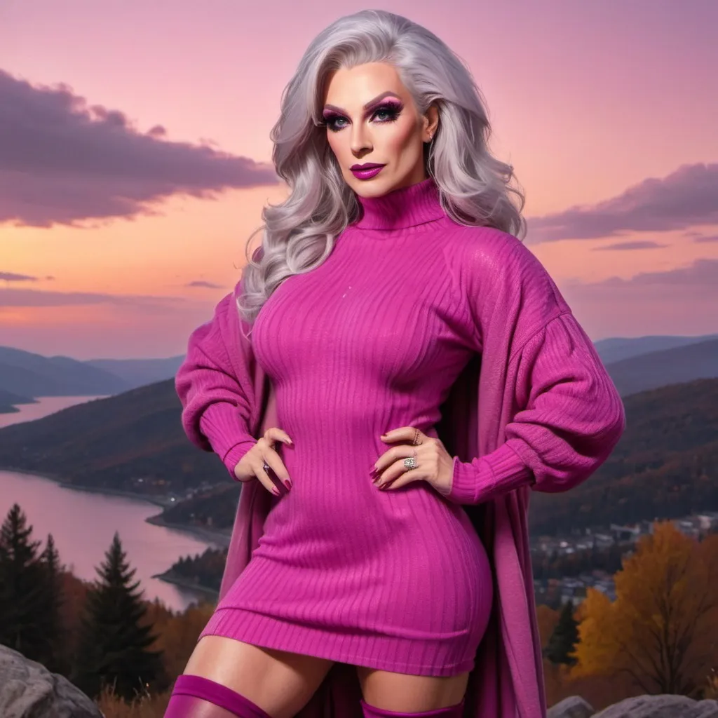 Prompt: Stunning, flamboyant, very muscular, 45-year-old silver-haired caucasian drag queen with large busom dressed in a magenta oversized sweater dress, thigh-high nylon stockings, and stilettos. Hyper-realistic quality. Sunset background. 