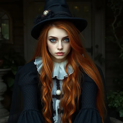 Prompt: young stunningly gorgeous rag queen witch, deep gray eyes, deep look, very long red hair, light contrast, baroque intricate portrait, young drag queen witch sitting in her garden house