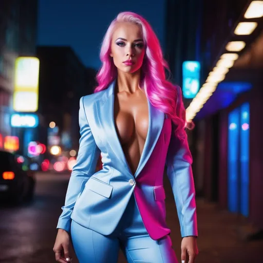 Prompt: Gorgeous ultra-muscular 25-year-old Icelandic goddess bodybuilder with huge busom, wearing a tailored silk suit, ridiculously long wavy platinum pink hair, muscular legs, urban night background, fashionable, 8 inch stiletto high heel shoes, fingers in jacket pockets, neon lighting, highres, detailed, urban, androgynous, blue silk suit, narrow tie, short hair, urban night, fashionable, night lights, neon lighting, urban fashion. Composition focus on muscular physique. 