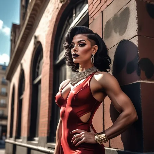 Prompt: digital painting of a tall gorgeous muscular 25-year-old French drag queen bodybuilder with big busom, dark eyeshadow, dark lipstick ( in light dark red dress   ,bracelet , necklace, 8 inch stiletto heels) bangs hair , leaning against the wall in modeling pose(low angle shot) outside on a sunlit street, (daylight streaming softly onto her skin), natural lighting, dark colors, crisp details, (old buildings with rustic walls , emphasize the drag queen's outfit ), high resolution, 4K, emphasizing the warmth of the sun and the comfort of the scene, ultra-detailed elements creating a lively outdoor atmosphere.,ultra detailed face features 