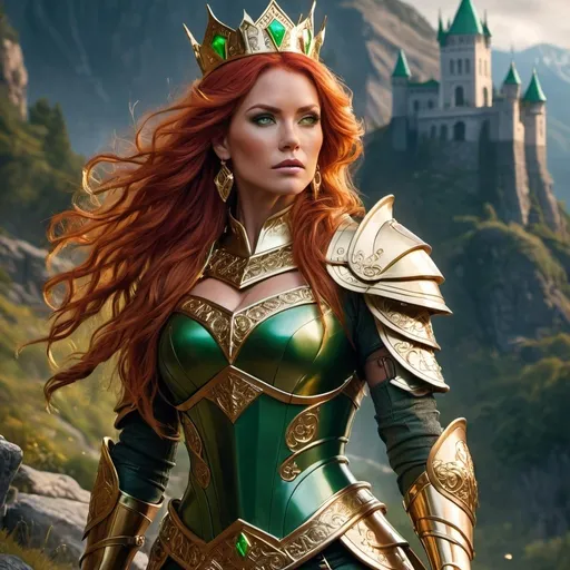 Prompt: Create a highly detailed and stylized full body photograp of a powerful 45 years old fantasy warrior woman with long red hair and captivating green eyes, standing confidently in her majestic golden armor with 8 inch stiletto high heel armored boots, Incorporate Artgerm's signature intricate designs and details into her ornate armor, including a breastplate and shoulder guards that highlight her nobility and strength.
Adorn her with a striking golden crown featuring pointed, horn-like extensions and large, matching gold earrings that enhance her regal appearance. Set the 45 years old woman against a breathtaking, rugged, mountainous landscape with ancient, majestic buildings in the distance, adding a sense of grandeur and epic scale to the scene.
Draw inspiration from artists such as Artgerm, Julie Bell, Beeple, and Aly Fell, combining their styles to create a unique and visually stunning photograph. Ensure high detail and meticulous rendering of her facial features, hair, armor, and the fantasy environment, capturing the essence of a formidable warrior queen who commands attention and admiration in a mystical, otherworldly setting. Full length,  fullbody. 