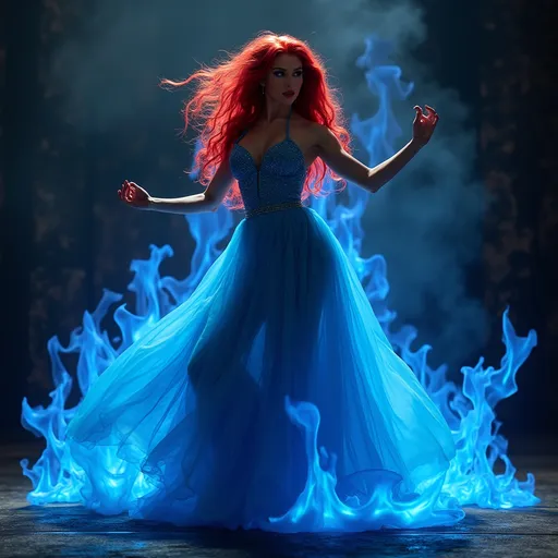 Prompt: Gorgeous muscular 25-year-old Swedish drag queen bodybuilder dancing on blue flame, silhouette, lava, long flowing blue flame gown, huge busom, long wavy fiery hair, long muscular legs, very muscular dancing drag queen, mystical background, 