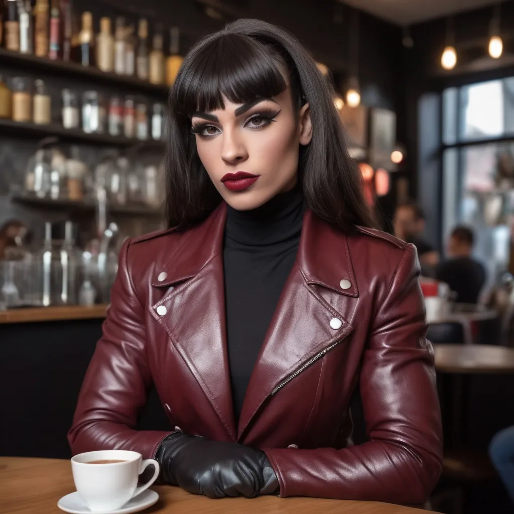 Prompt: Gorgeous muscular 20-year-old French drag queen (strong masculine jawline and brow facial features) bodybuilder, narrow face (burgundy matte lipstick), dark hair bangs combed to one side, boyish body, shiny crinkled wrinkly creased red leather sport coat , tight black leather gloves, in a turtleneck, jeans, in a cafe having tea in London 