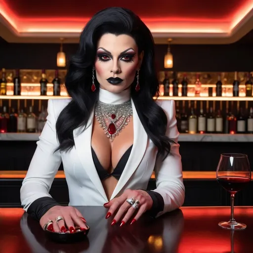 Prompt: A (strikingly beautiful muscular 35-year-old European drag queen), jet black hair, (vibrant red eyes), (large busom), sitting at a luxe lounge bar, (chalk white skin), (exotic features), (long black talon-like finger nails), wearing a (white blouse) and (black blazer), elegantly holding a glass of (blood red wine), adorned with a (jeweled scorpion choker), black bracelets with ruby gems, featuring a tuxedo clad bartender in the background, capturing rich ambiance with an air of danger & tension, (high detail), (soft light), (photorealistic), 8k resolution, sophisticated gothic atmosphere, pro cinematic photo quality, luxurious setting.