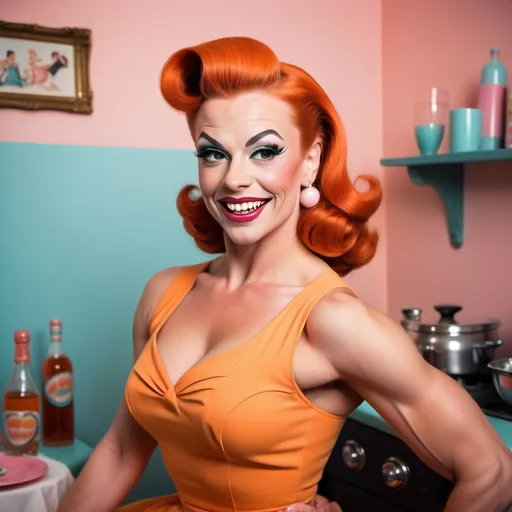 Prompt: Gorgeous ultra-muscular 25-year-old Swedish drag queen bodybuilder with dark orange hair dressed as a 1950s housewife party pinup hostess flirty smile head back winking party small wave