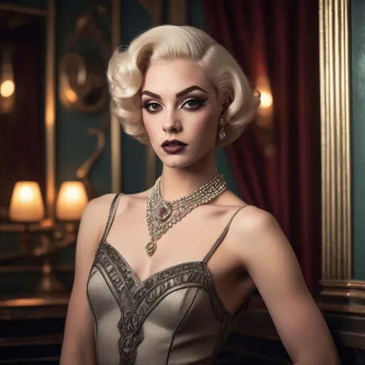 Prompt: photorealistic, (old Hollywood 1920s style), (a Gorgeous muscular 21-year-old British drag queen (extremely strong masculine jawline and brow features)), elegant attire, dark eye makeup, dark lipstick, full length body, soft lighting capturing a nostalgic atmosphere, muted pastel colors, timeless beauty, luxurious and refined setting, classic film vibe, vintage glamour, intricately detailed background elements, opulent decor, art deco influences, airy ambiance, warm tones, HD, ultra-detailed, cinematic quality.