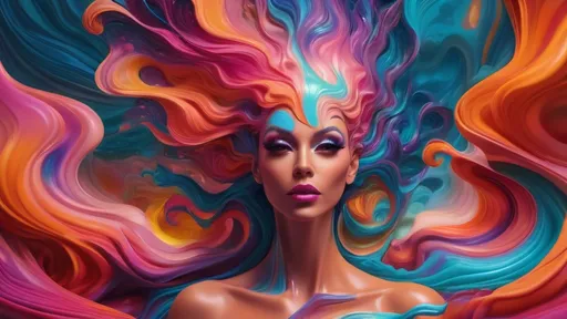 Prompt: (mesmerizing dreamscape), gorgeous muscular drag queen, vibrant, (streaming vibrant colors), surreal morphing shapes, fluid movements, seamless transitions, state of the art visuals, imaginative landscapes, enchanting atmosphere, captivating transformations, high depth, high resolution, ultra-detailed, abstract design, mesmerizing fluidity, otherworldly beauty.