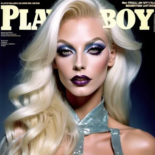 Prompt: (90s "Playboy" Magazine Cover), ethereal and whimsical, (vibrant color scheme), high-fashion editorial style, gorgeous muscular 35-year-old French drag queen model (masculine facial features) with long sassy platinum blonde hair, striking Hazel eyes, dark smoky eyeshadow, enchanting expression, pretty lips, dark lipstick, luxurious glittery details, full-length aesthetic, ultra-detailed, sparkly, glossy finish, captivating photography with dramatic lighting, alluring atmosphere, cosmopolitan elegance, celebrity fashion icon, stylish and classy presentation. Composition focus on full-body. 