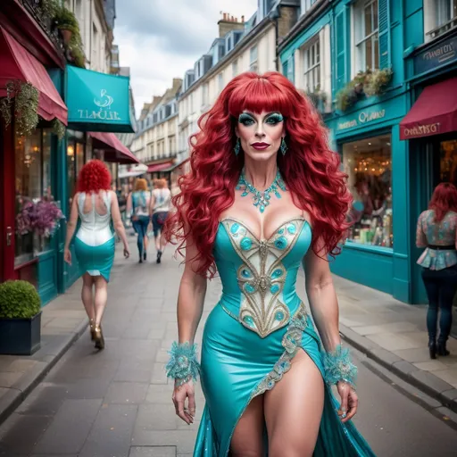 Prompt: Gorgeous muscular 35-year-old French drag queen with long dark red bangs haircut walking down the high street, detailed clothing, realistic, natural lighting, vibrant fantasy style, luxurious white curly/coily hair, striking turquoise eyes, magical atmosphere, enchanting light, whimsical background filled with fantastical elements, lush colors, dreamy vibe, high depth, ultra-detailed, captivating and imaginative composition.