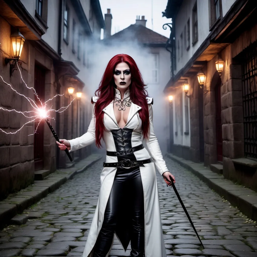 Prompt: Gorgeous muscular 35-year-old Romanian drag queen shadow warrior with bolts of electricity arcing from her magic wand, tall, long dark red hair, black eyes, dark gothic makeup, pale skin, white leather duster, white vest with celtic runes, white leather boots, cinematic, horror, 8K photo, key light, standing in a cobblestone lane, foggy night, intricate details.