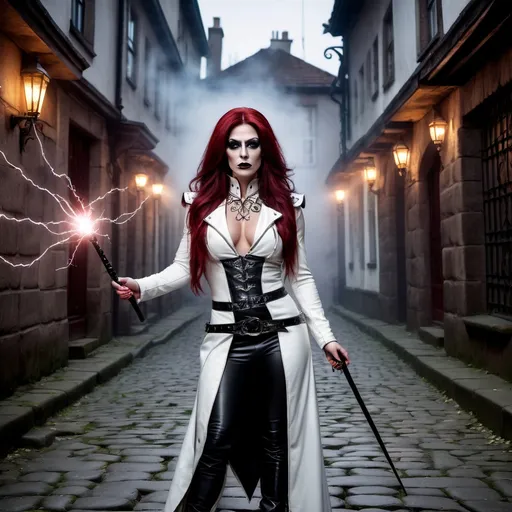 Prompt: Gorgeous muscular 35-year-old Romanian drag queen shadow warrior with bolts of electricity arcing from her magic wand, tall, long dark red hair, black eyes, dark gothic makeup, pale skin, white leather duster, white vest with celtic runes, white leather boots, cinematic, horror, 8K photo, key light, standing in a cobblestone lane, foggy night, intricate details.