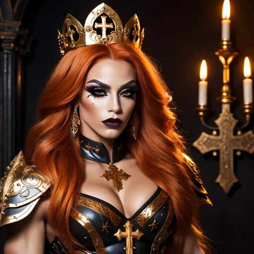 Prompt: Gorgeous ultra-muscular  25-year-old caucasian French drag queen bodybuilder with ridiculously long burnt orange hair, dark eye makeup, dark lipstick,  wearing massive gothic armor with extremely detailed golden ornaments while a glowing cross stands in the Background - stunning and colorful artwork inspired by the style of Kim Hyung Tae ::5 highly stylized and artistic, with a strong emphasis on character design and visual impact, featuring unique and interesting poses and facial expressions ::4 vivid and dynamic, with a strong sense of motion and energy, featuring bold colors and interesting backgrounds ::3 highly imaginative and visually striking, with interesting lighting and shading, featuring iconic and unforgettable imagery ::3 no overly simplistic or generic designs. ::-2 --ar 9:16 --quality 2 --style expressive --niji 6