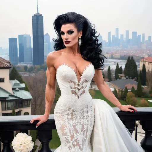 Prompt: Imagine Dolph Lundgren dressed as a Gorgeous ultra-muscular 25-year-old drag queen bodybuilder with ridiculously long wavy black updo hairstyle wearing an elegant white wedding dress, standing on the balcony of her luxurious mansion overlooking the city skyline. Dark smoky eyeshadow,  heavy eyeliner & mascara, and dark red lipstick. The gown features delicate lace detailing along its bodice and halter neckline, complemented by sheer sleeves that accentuate her figure's curves. Her pose is confident yet graceful as she gazes out at the horizon, embodying grace and elegance in timeless beauty in the style of a classic painting