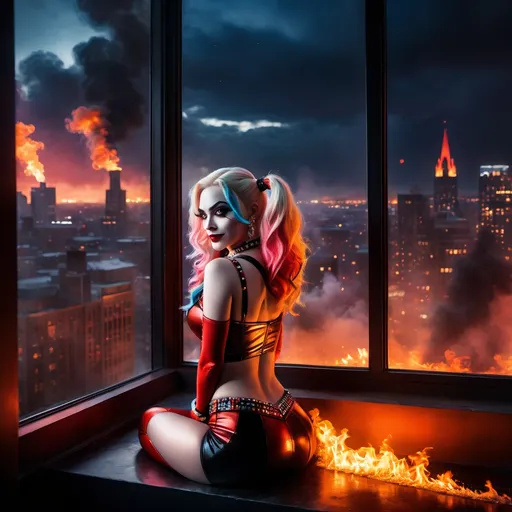 Prompt: Drag queen Harley Quinn perched on a window, hands in the air in triumph, gazing into a fiery cityscape, flames illuminated against a dark sky, dramatic tones, vivid reds and oranges, smoke swirling in the air, high detail, moody atmosphere, urban environment, nighttime, powerful contrast, cinematic lighting, ultra-detailed, surreal and intense emotional vibe.