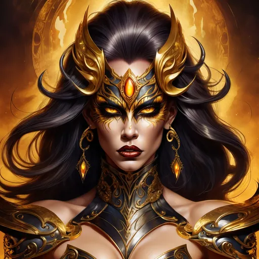 Prompt: This is a digital art fantasy illustration that depicts a powerful, demonic drag queen character with dark, flowing hair. a cyclops with one eye. Her sharp, angular features and intense, golden eyes convey strength and determination. The character's armor is ornate and jagged, with glowing gold highlights, enhancing his formidable presence. The warm, golden background features a surreal, otherworldly landscape with tall, spire-like structures and a reflective, shimmering body of water. The dynamic pose, detailed armor, and glowing atmosphere suggest a warrior of immense power, evoking a sense of majesty and danger. Digital art illustration