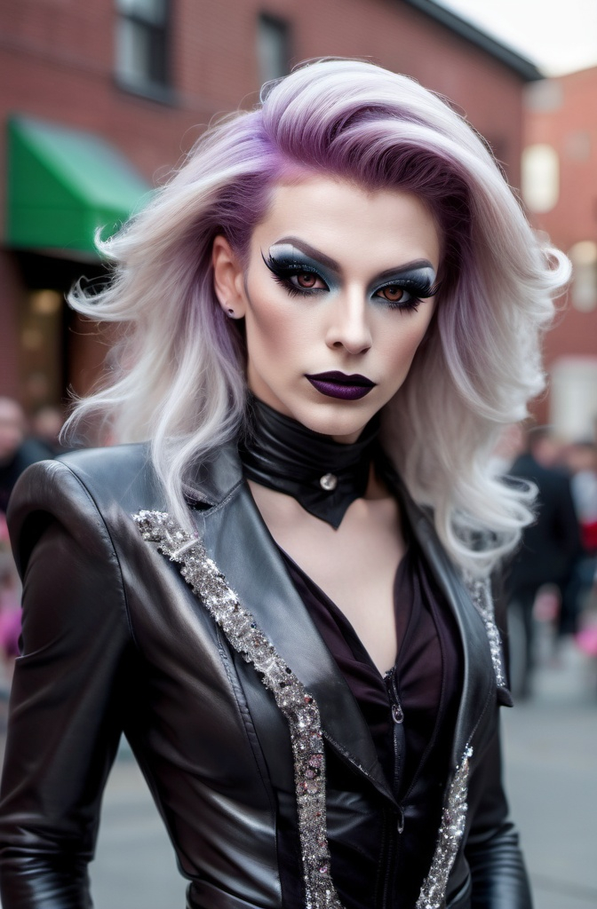 Prompt: Location: Random
Hair color: Random
Hair length: RandomA high definition hyper-detail live action digital photograph of the most beautiful masculine 25-year-old, athletic, Polish drag queen ever. Dark eye makeup and dark lipstick. Wearing a gorgeous ensemble of men's and women's clothing with 8 inch stiletto high heel shoes.