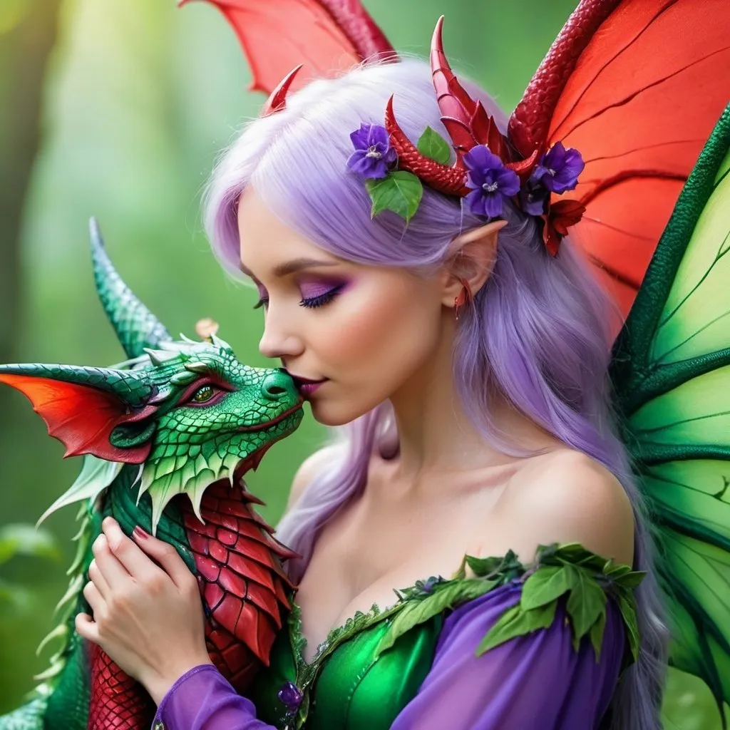 Prompt: A photo of an gorgeous elder fairy with green wings, wearing a cute violet outfit kissing the nose of her fantasy red dragon friend in the style of fantasy art. 