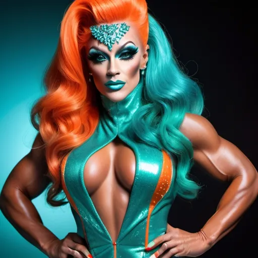 Prompt: Realistic drag queen bodybuilder with vibrant teal and orange makeup, high quality, 8 inch stiletto high heel shoes,  4k resolution, glamorous stage performance, detailed facial features, dramatic lighting, professional makeup, elaborate costume, vibrant colors, realistic, high-res, stage performance, detailed makeup, glamorous lighting, dramatic colors