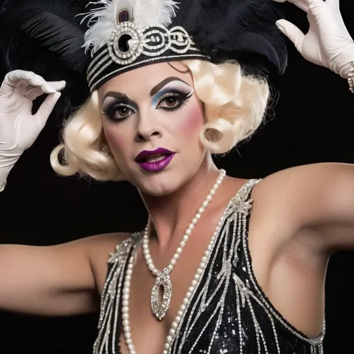 Prompt: A high definition hyper-detail live action digital photograph of a Drag queen 1920's flapper