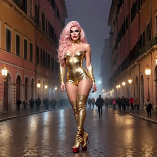 Prompt: Mysterious, Tall, gorgeous, muscular, 21-year-old Italian drag queen with platinum pink stylish hair, dark eyeshadow,  and dark red lipstick, wearing a beautiful gold outfit and 8 inch stiletto gold thigh-high stiletto high heel boots, walking the streets of Rome on a foggy evening.