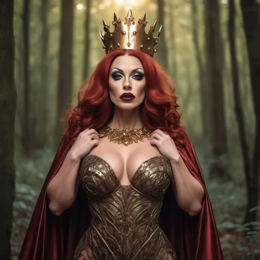 Prompt: a gorgeous muscular 35-year-old British drag queen bodybuilder princess with big busom, dark red matte lipstick, and burnt irange hair wearing a  bronze and gold gown standing in a forest with a crown on her head and a cloak over her head, Dirk Crabeth, gothic art, fantasy style, a storybook illustration